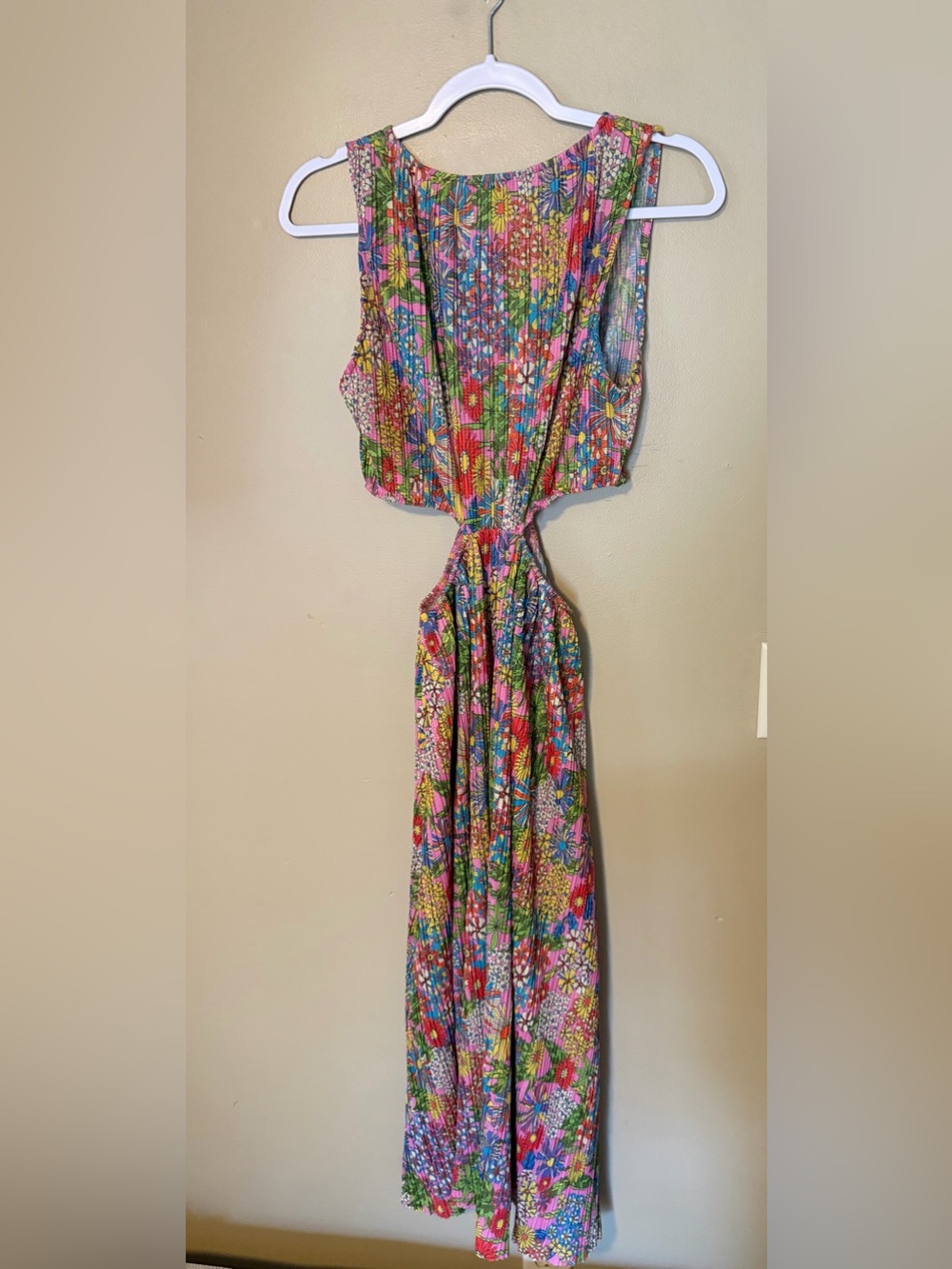 Zara Retro Hippie Multicolor Floral Cutout Pleated Midi Dress - Picture 4 of 6